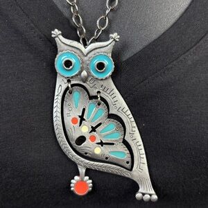 Vintage Golden Crown Owl Necklace Pewter Enamel Hoot Couture 21.5" Blue Red